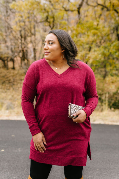 Brushed Melange V-Neck Sweater In Burgundy