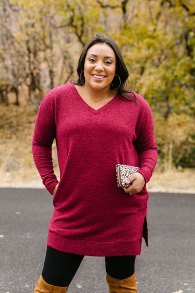 Brushed Melange V-Neck Sweater In Burgundy