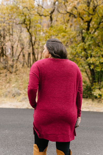 Brushed Melange V-Neck Sweater In Burgundy