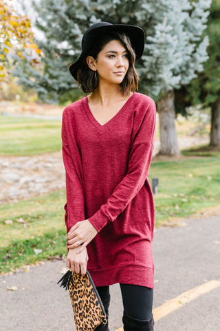 Brushed Melange V-Neck Sweater In Burgundy