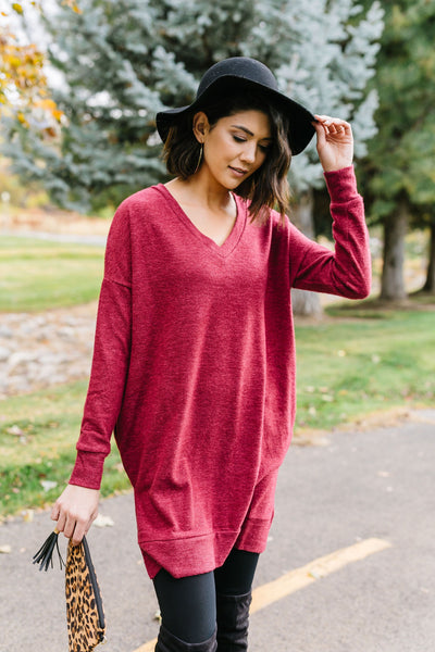 Brushed Melange V-Neck Sweater In Burgundy