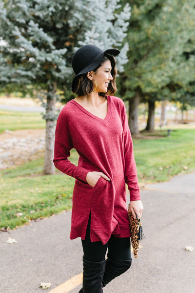 Brushed Melange V-Neck Sweater In Burgundy