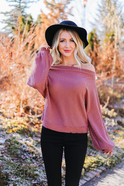 Bubble Sleeve Off The Shoulder Top In Mauve