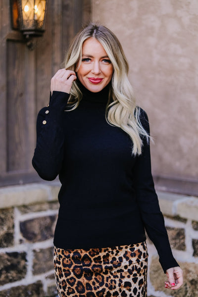 Button Sleeve Elegance Turtleneck In Black