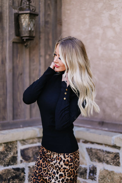 Button Sleeve Elegance Turtleneck In Black