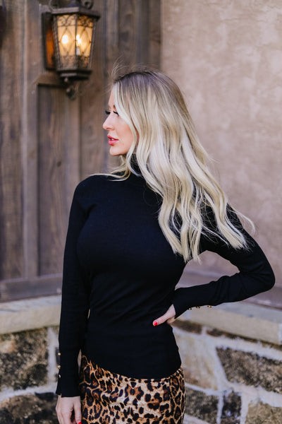 Button Sleeve Elegance Turtleneck In Black