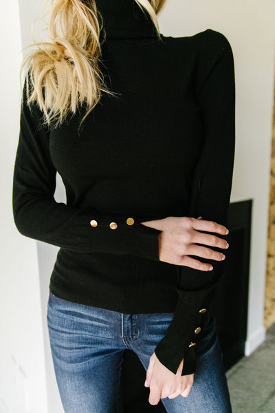 Button Sleeve Elegance Turtleneck In Black