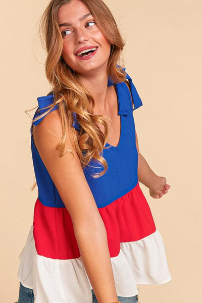 Patriotic Color Block Shoulder Tie Bow Top