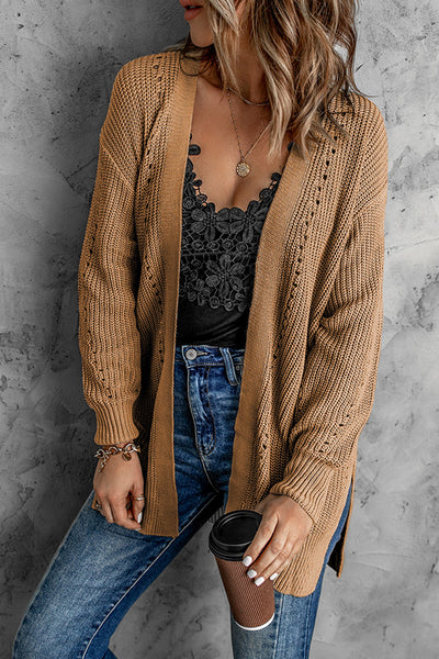 Openwork Rib-Knit Slit Cardigan with Pockets - 3 color options