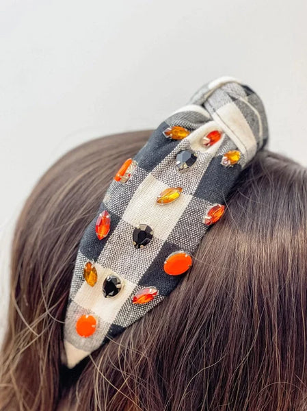 PREORDER: Halloween Rhinestone Plaid Top Knot Headband