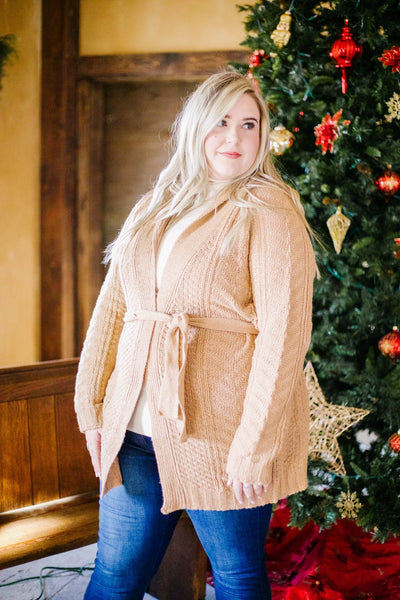 Cable Knit Belted Cardigan In Caramel