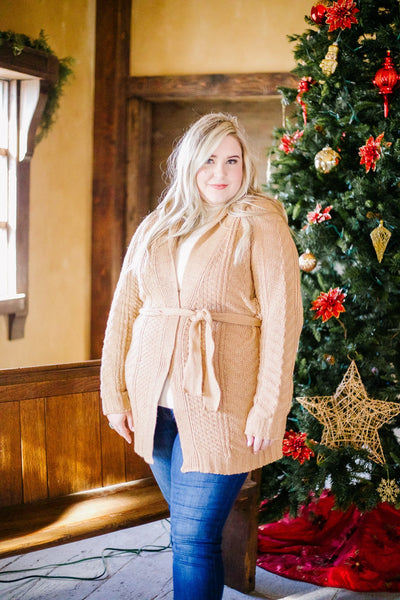 Cable Knit Belted Cardigan In Caramel