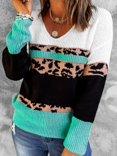Leopard Color Block V-Neck Rib-Knit Sweater - 2 colors available!
