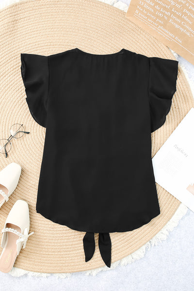 V-Neck Tie Hem Flutter Sleeve Blouse - 6 color options