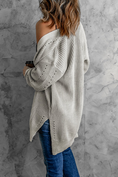 Openwork Rib-Knit Slit Cardigan with Pockets - 3 color options