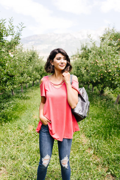 Cold Shoulder Crossed Heart Top In Coral