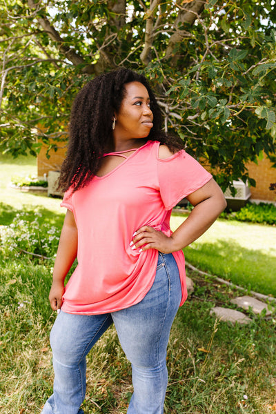 Cold Shoulder Crossed Heart Top In Coral