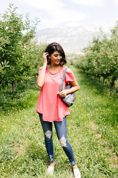 Cold Shoulder Crossed Heart Top In Coral