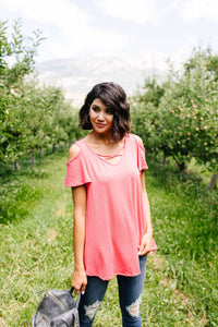 Cold Shoulder Crossed Heart Top In Coral