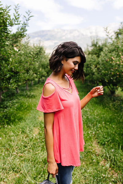 Cold Shoulder Crossed Heart Top In Coral