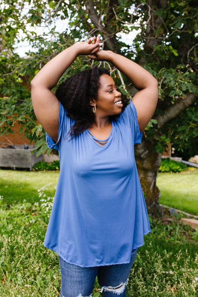 Cold Shoulder Crossed Heart Top In Denim