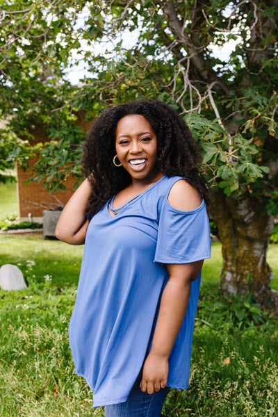 Cold Shoulder Crossed Heart Top In Denim