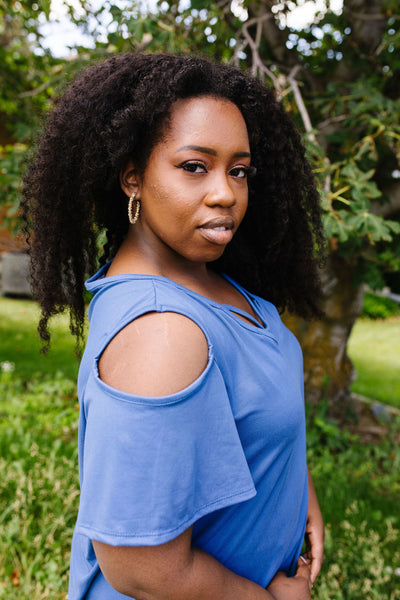 Cold Shoulder Crossed Heart Top In Denim