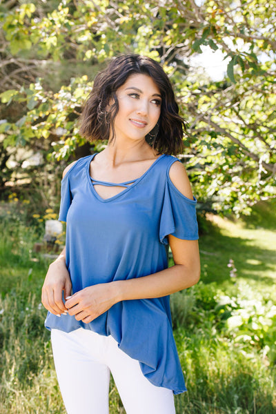 Cold Shoulder Crossed Heart Top In Denim