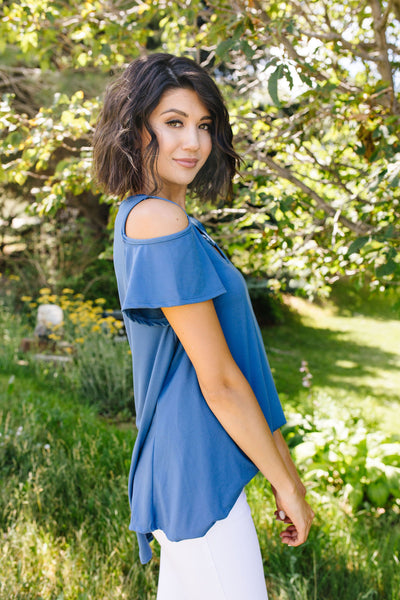 Cold Shoulder Crossed Heart Top In Denim