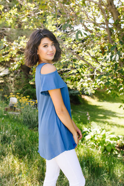 Cold Shoulder Crossed Heart Top In Denim