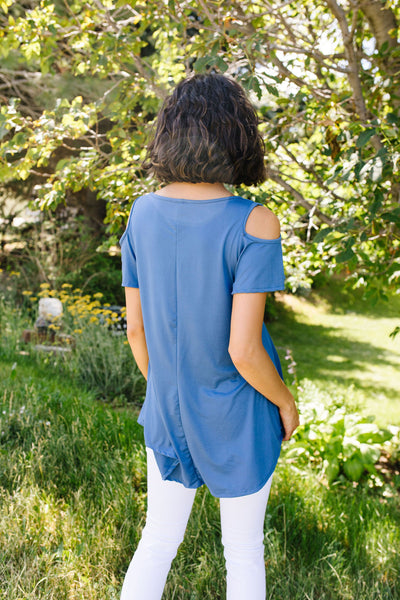 Cold Shoulder Crossed Heart Top In Denim