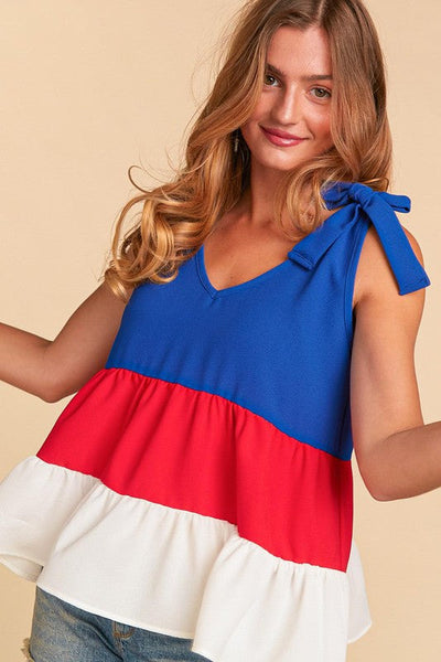 Patriotic Color Block Shoulder Tie Bow Top