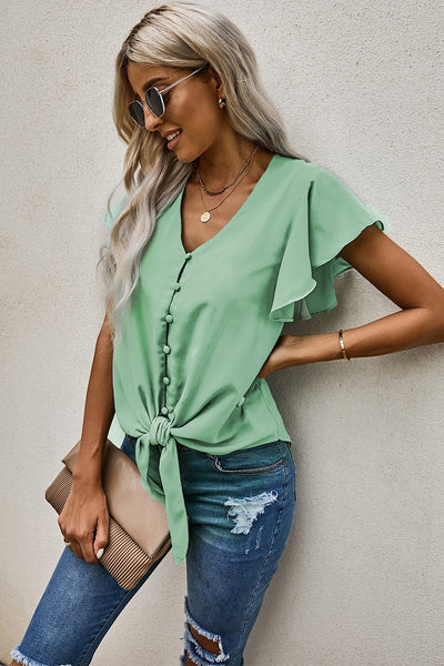 V-Neck Tie Hem Flutter Sleeve Blouse - 6 color options