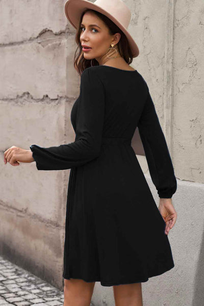 Scoop Neck Empire Waist Long Sleeve Mini Dress - multiple colors available