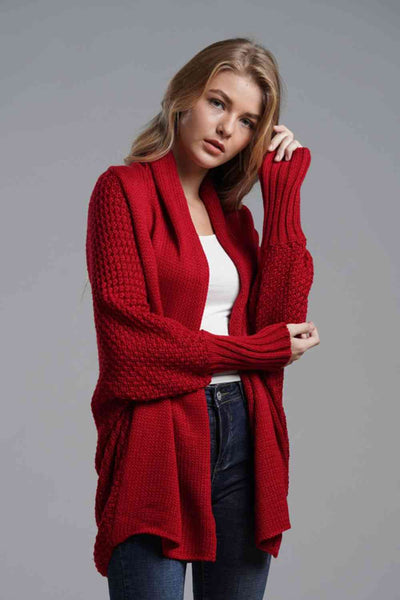 Double Take Dolman Sleeve Open Front Ribbed Trim Longline Cardigan