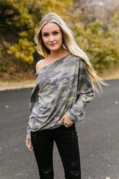 Faded Camo Off The Shoulder Top