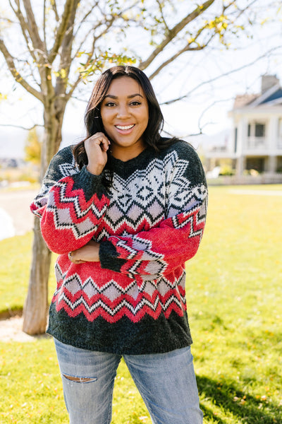 Fair Isle Sweater In Charcoal + Red