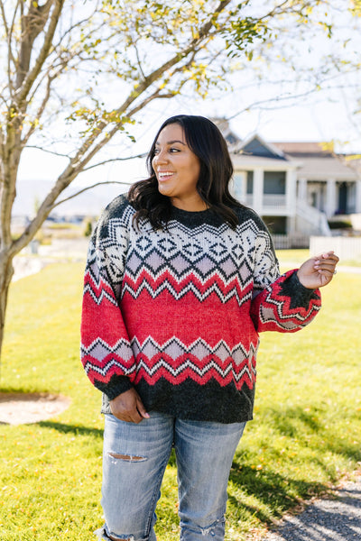 Fair Isle Sweater In Charcoal + Red