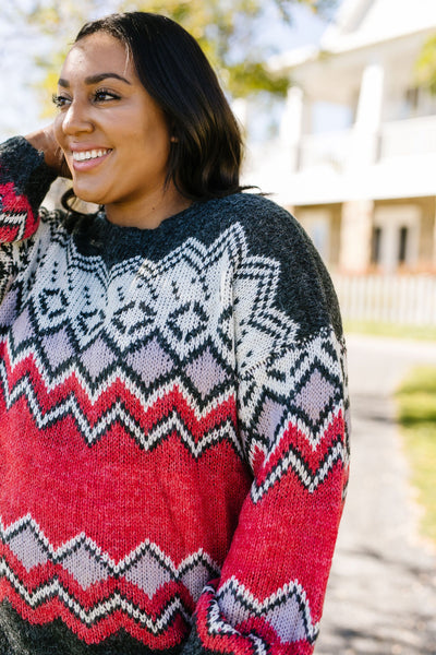 Fair Isle Sweater In Charcoal + Red