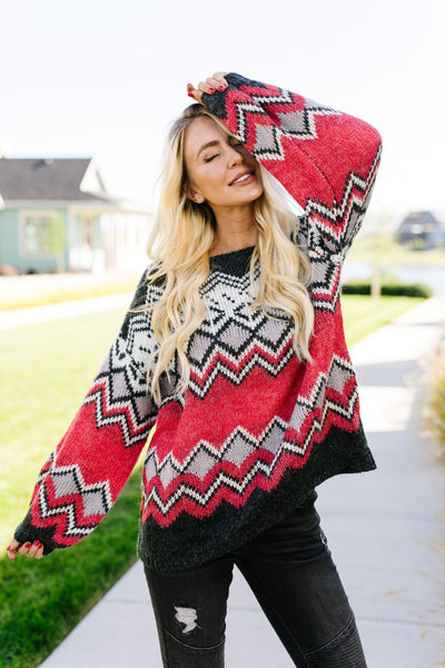 Fair Isle Sweater In Charcoal + Red