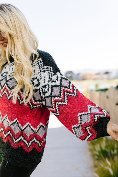 Fair Isle Sweater In Charcoal + Red