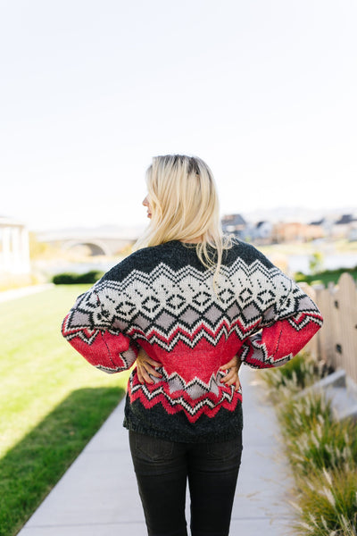 Fair Isle Sweater In Charcoal + Red