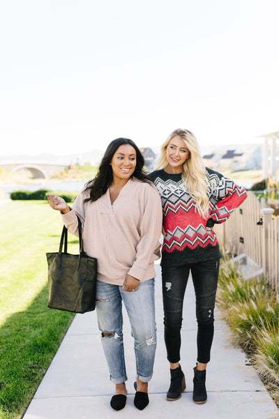 Fair Isle Sweater In Charcoal + Red