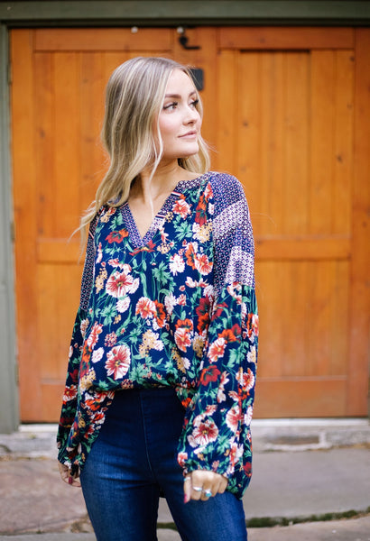 Fanciful Fall Floral Blouse In Blue