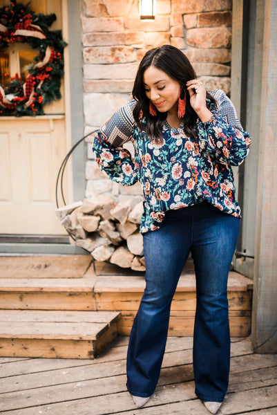 Fanciful Fall Floral Blouse In Blue