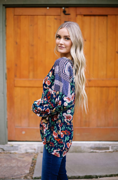 Fanciful Fall Floral Blouse In Blue