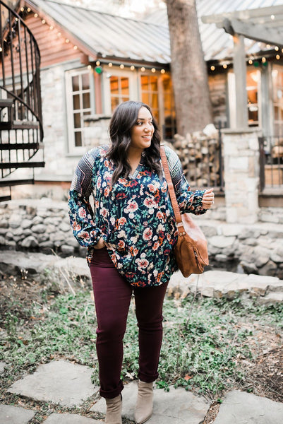 Fanciful Fall Floral Blouse In Blue