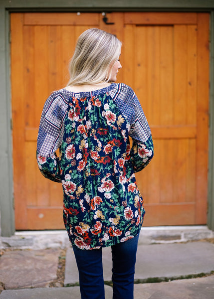 Fanciful Fall Floral Blouse In Blue