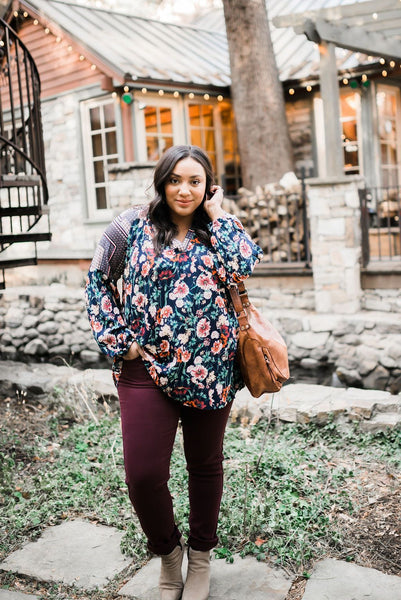 Fanciful Fall Floral Blouse In Blue