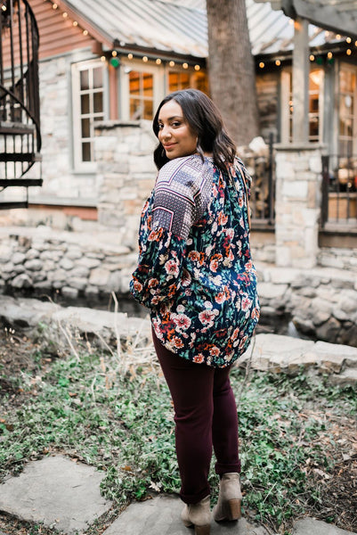 Fanciful Fall Floral Blouse In Blue